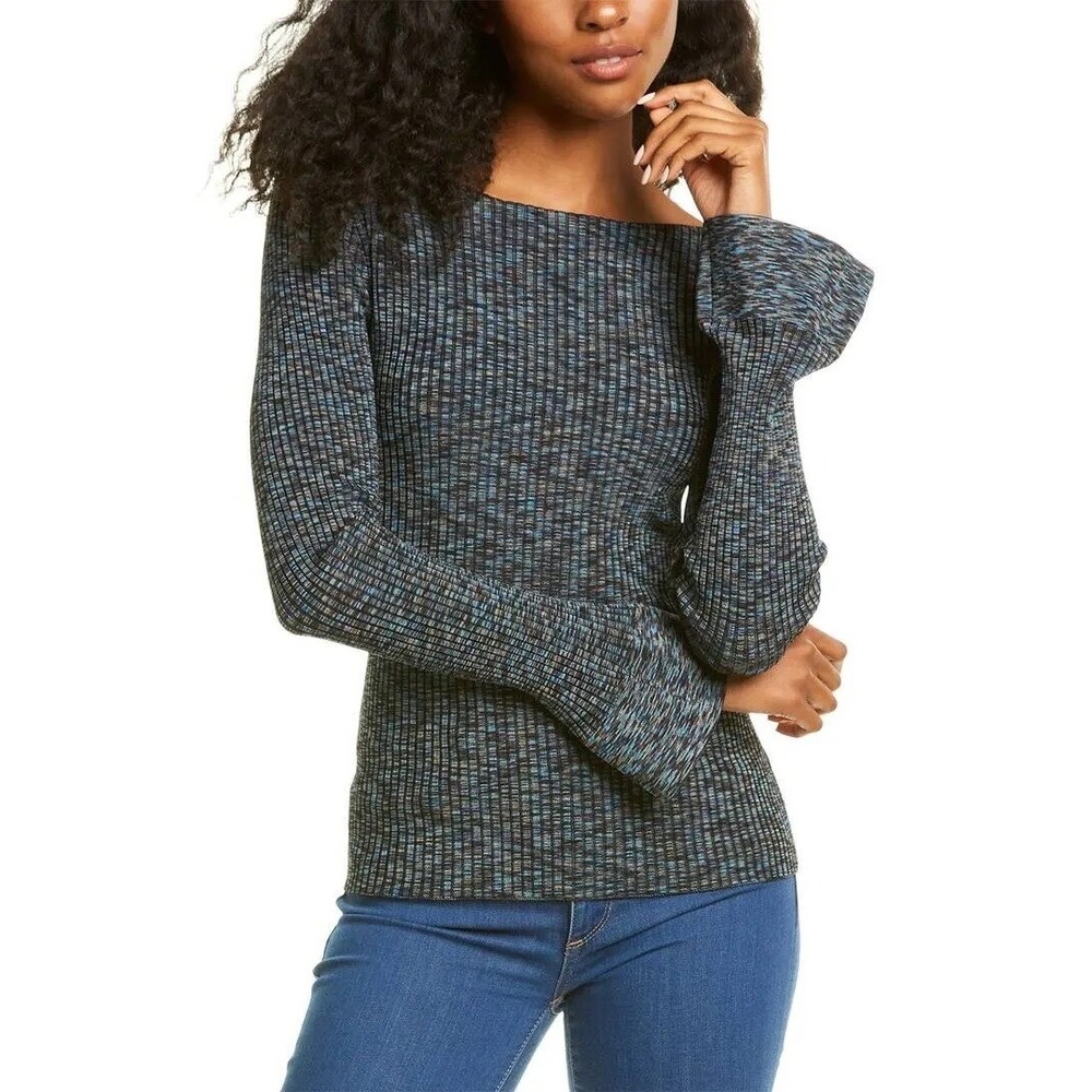 Theory Boatneck PO Gabled Print Ribbed Bell Sleeve Sweater Blue Multi K1116717 S